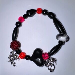 Chic Black and Pink/red Beaded Bracelet with Dragon Charms